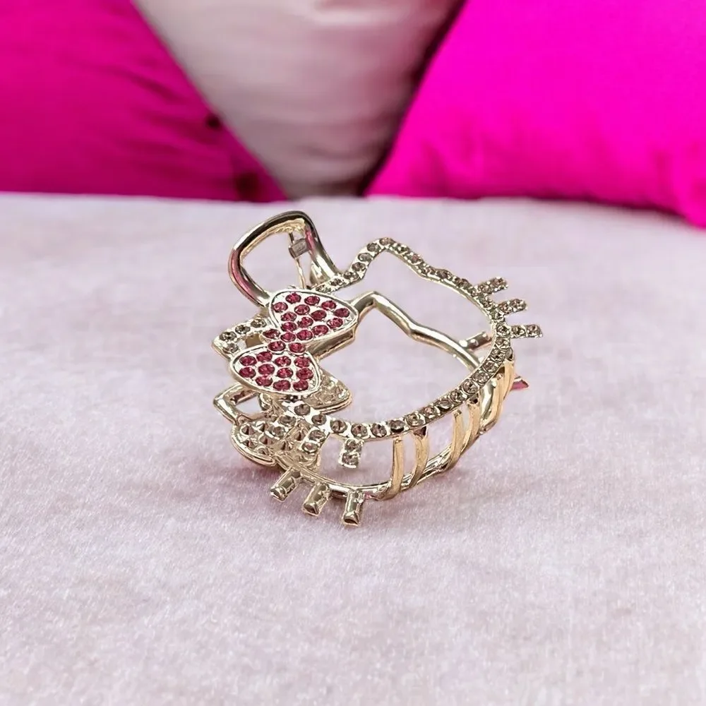 Hello Kitty Pink And Clear Rhinestone Silver Tone Hair Clip NWT